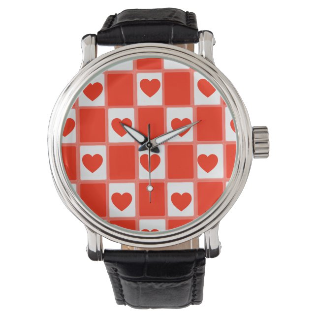 Retro Red Heart Checkerboard Pattern Watch (Front)