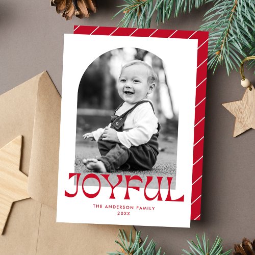 Retro Red Joyful Arch Photo Holiday Card