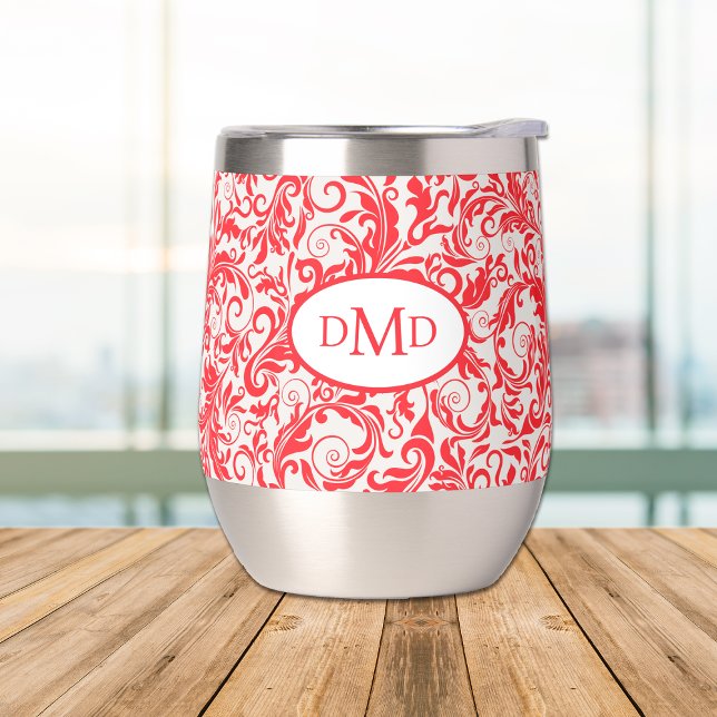 Retro Red Leaf Swirl Pattern Monogram Thermal Wine Tumbler (Creator Uploaded)