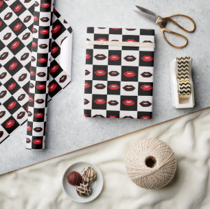 Retro Red Lips Black and White Checkerboard Wrapping Paper