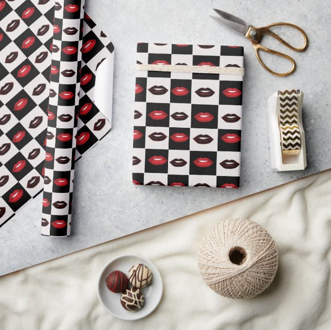 Retro Red Lips Black and White Checkerboard Wrapping Paper (Crafts)