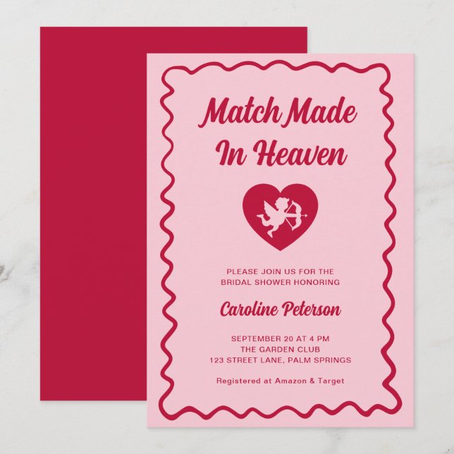 Retro Red Match Made in Heaven Cupid Bridal Shower Invitation (Front/Back)