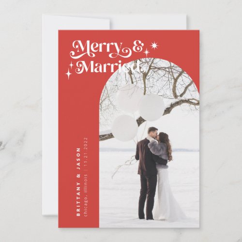 Retro Red Merry  Married Photo Holiday Card