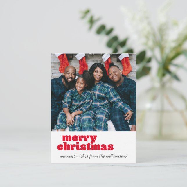 Retro Red Modern Merry Christmas Photo Family Holiday Card (Standing Front)