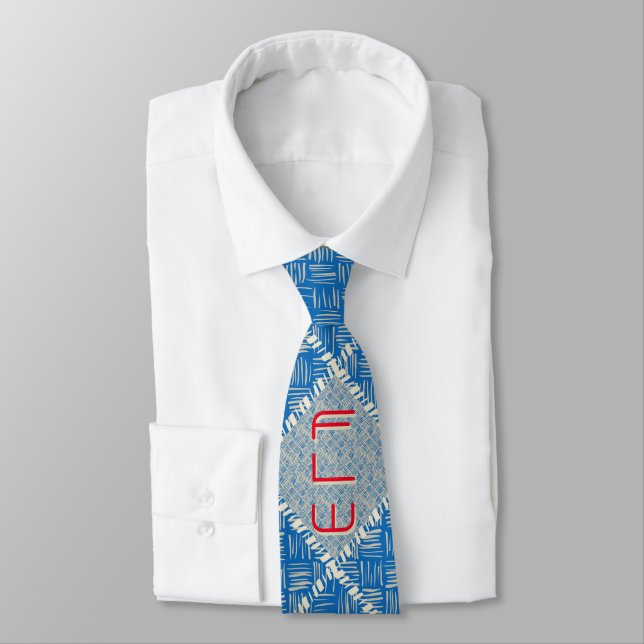Retro Red Monogram on Bright Blue & Ivory Hatch Tie (Tied)