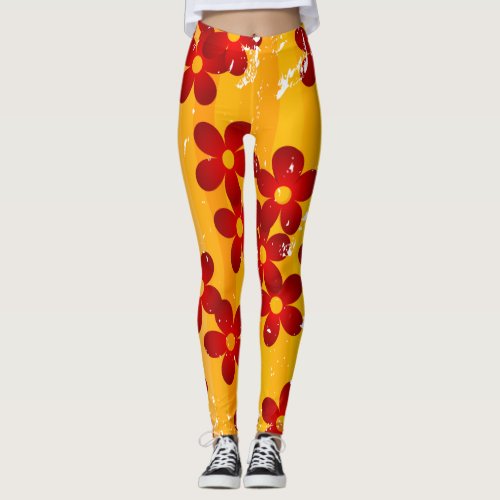 Retro Red Orange Floral Leggings