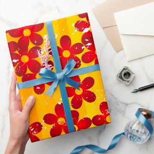 Retro Red Orange Floral Wrapping Paper