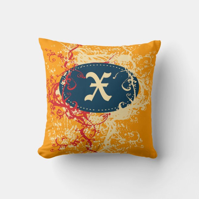 Retro Red Orange Pattern Monogram X Throw Pillow (Front)
