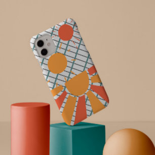 Retro Red Orange Sunset Blue & Black Grid on White iPhone 15 Pro Max Case