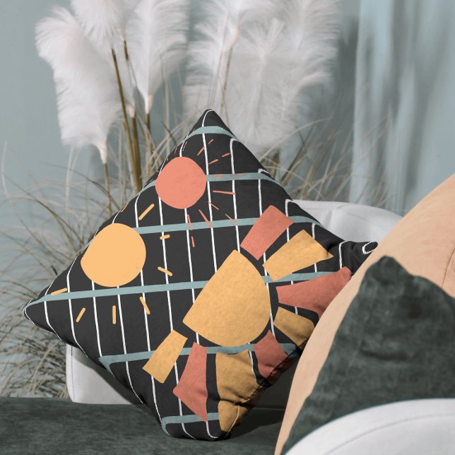 Retro red orange Sunset on blue black & white grid Throw Pillow (Creator Uploaded)