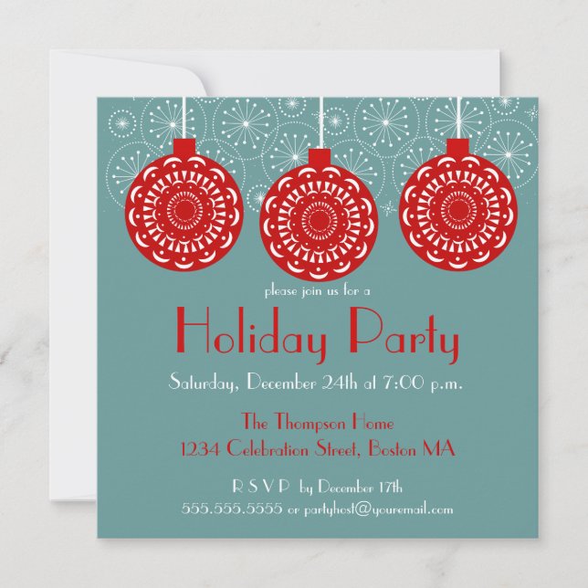 Retro Red Ornament Holiday Party Invitation (Front)