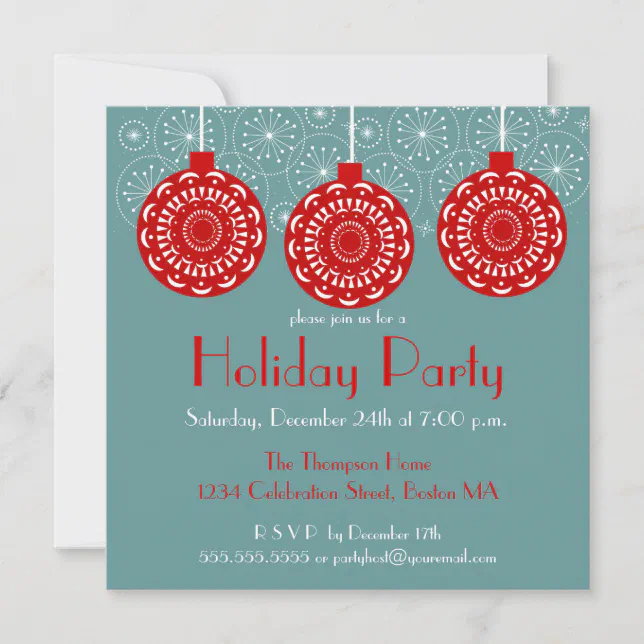 Retro Red Ornament Holiday Party Invitation | Zazzle