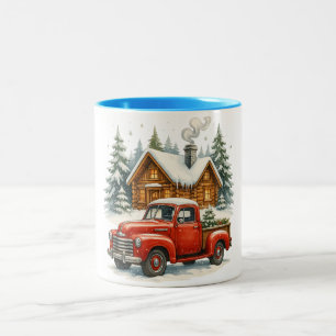 Retro Red Pickup Truck Christmas - Vintage Winter Two-Tone Coffee Mug
