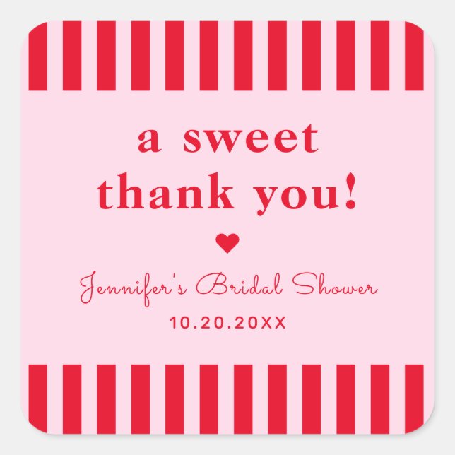 Retro Red & Pink Bridal Shower Thank You Favor Square Sticker (Front)