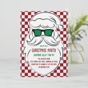 Retro Red Pink Checkered Santa Claus Christmas Invitation