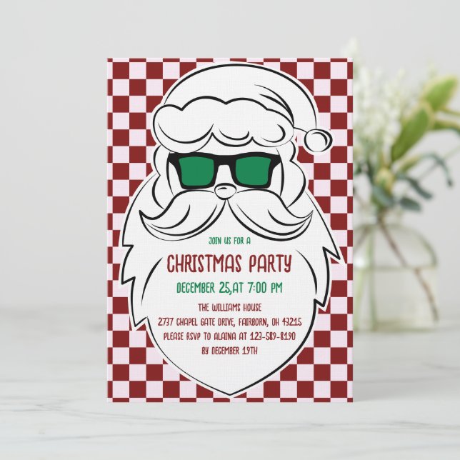Retro Red Pink Checkered Santa Claus Christmas  Invitation (Standing Front)