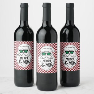 Retro Red Pink Checkered Santa Claus Christmas  Wine Label
