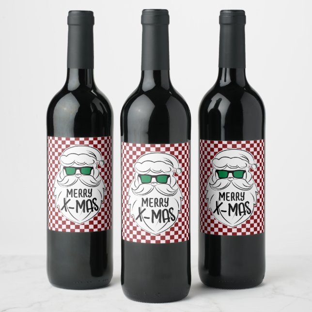Retro Red Pink Checkered Santa Claus Christmas  Wine Label (Bottles)