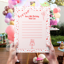 Retro Red Pink Children's Birthday Wish List Paper