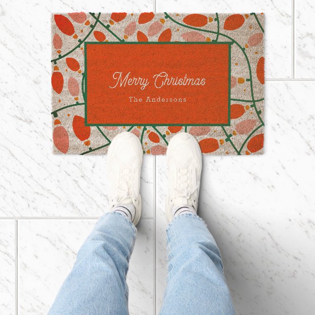 Retro Red & Pink Christmas Lights Holiday Coir Fiber Doormat (Insitu)
