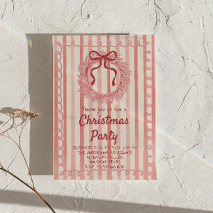 Retro Red Pink Drawn Christmas Bow Wreath Party Invitation