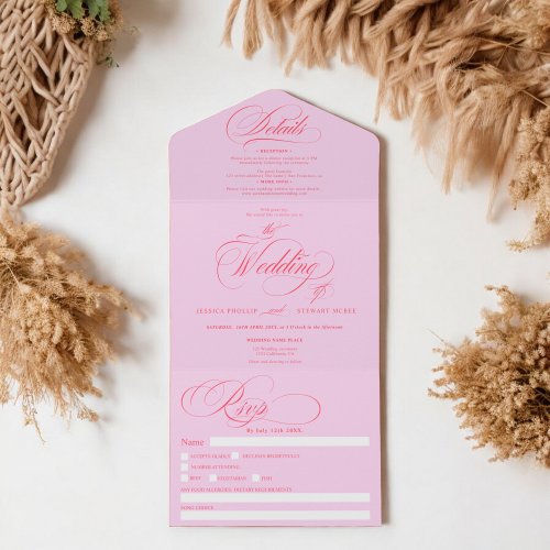 Retro red pink elegant script calligraphy wedding all in one invitation