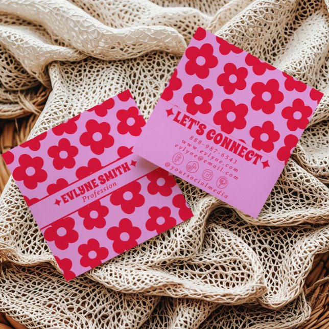 Retro Red Pink Groovy Floral Boho Girly Trendy Fun Square Business Card (Creator Uploaded)