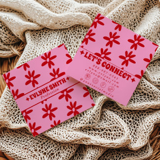 Retro Red Pink Groovy Floral Boho Girly Trendy Fun Square Business Card