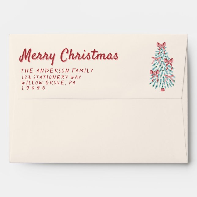 Retro Red Pink Hand Drawn Bow Tree Merry Christmas Envelope (Back (Top Flap))
