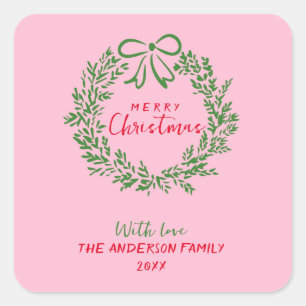 Retro Red Pink Hand Drawn Ribbon Wreath Christmas Square Sticker