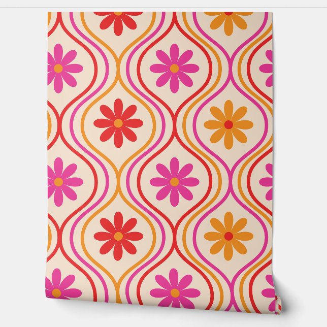 Retro Red Pink Orange Flowers on Ogee custom  Wallpaper (Unrolling)