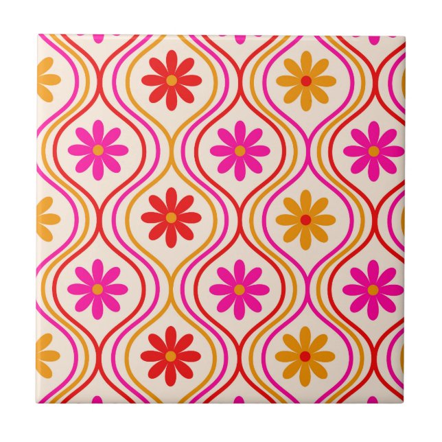 Retro Red Pink Orange Flowers on Ogee Pattern  Ceramic Tile (Front)