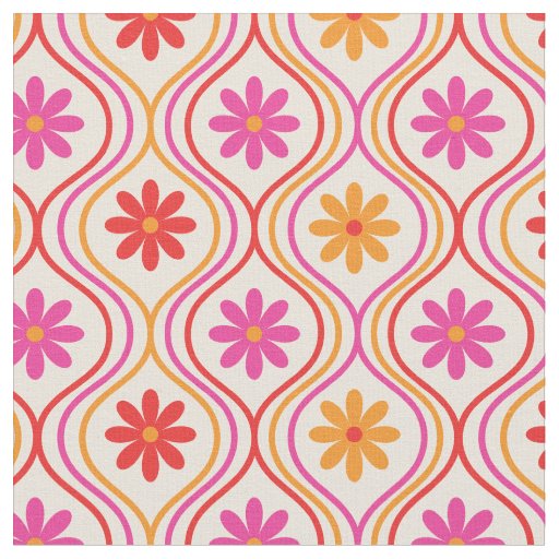 Retro Red Pink Orange Flowers on Ogee Pattern Fabric