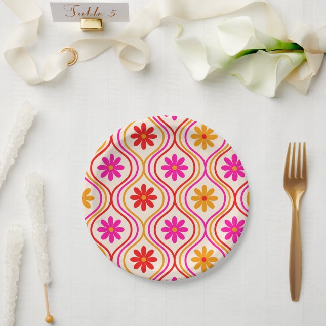 Retro Red Pink Orange Flowers on Ogee Pattern  Paper Plates (Wedding)