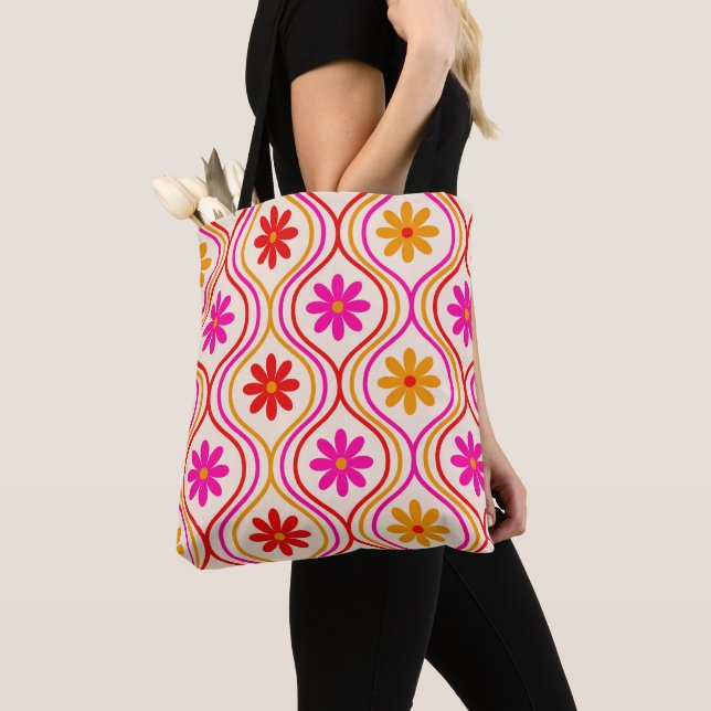Retro Red Pink Orange Flowers on Ogee Pattern  Tote Bag (Close Up)