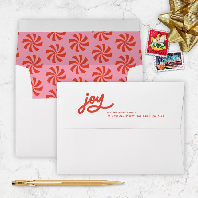 Retro Red Pink Pinwheels Christmas Return Address Envelope (Creator Uploaded)