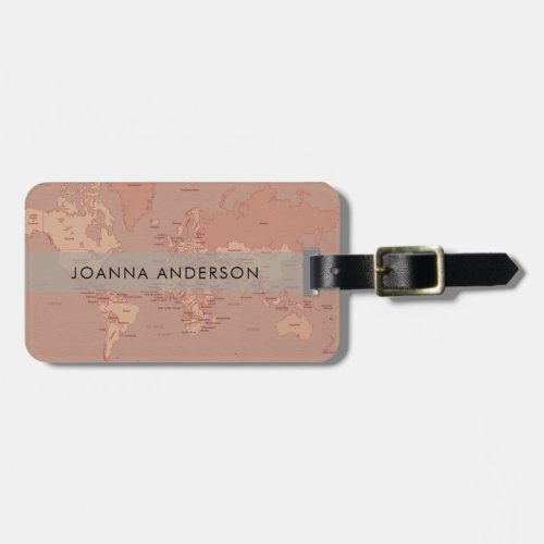 RETRO RED PINK RUST GREY VINTAGE WORLD MAP LUGGAGE TAG