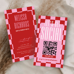 Retro Red & Pink Social Media Scannable QR Code Business Card