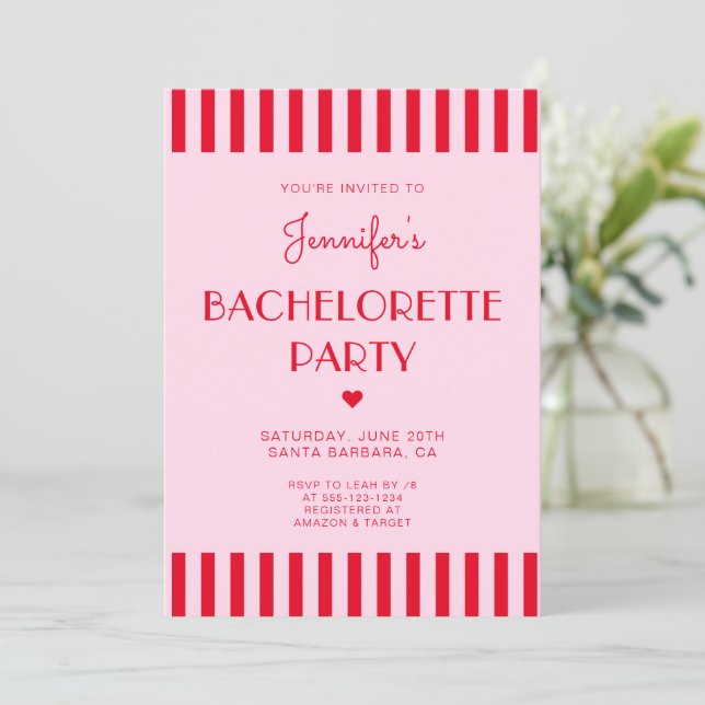 Retro Red & Pink Stripes Bachelorette Party Invitation (Standing Front)
