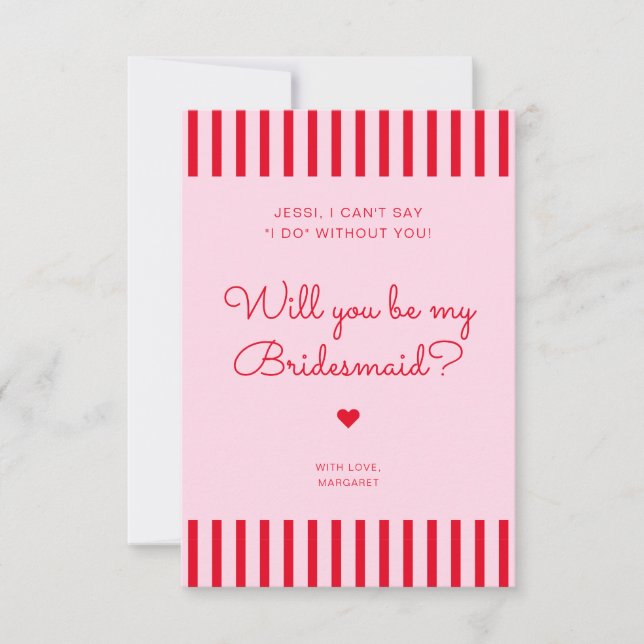Retro Red & Pink Stripes Bridesmaid Proposal Card (Front)