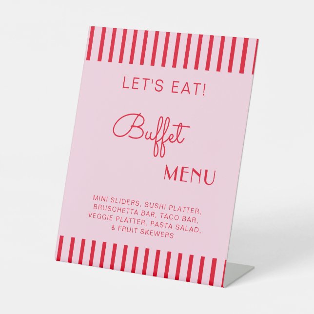 Retro Red & Pink Stripes Buffet Menu Bachelorette Pedestal Sign (Front)