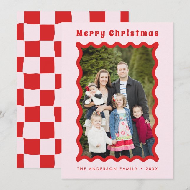 Retro Red Pink Wavy Frame Photo Merry Christmas  Holiday Card (Front/Back)