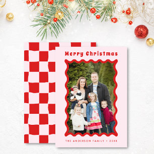 Retro Red Pink Wavy Frame Photo Merry Christmas Holiday Card