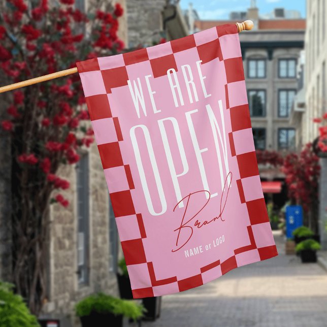 Retro Red & Pink We Are Open Business Logo Flag (Creator Uploaded)