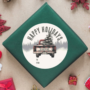 Retro Red Plaid Christmas Truck Custom Family Name Classic Round Sticker
