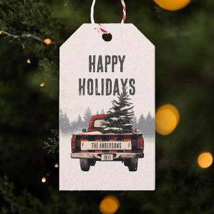 Retro Red Plaid Christmas Truck Custom Family Name Gift Tags