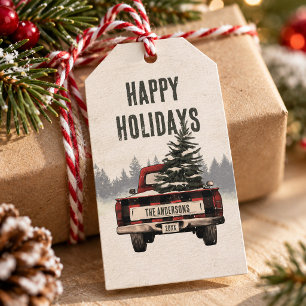 Retro Red Plaid Christmas Truck Custom Family Name Gift Tags