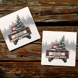 Retro Red Plaid Christmas Truck Custom Family Name Glass Coaster<br><div class="desc">Protect your surfaces in festive style with our rustic retro red plaid Christmas truck coasters! Personalized with your family name and year,  they’re a cozy,  charming addition to your holiday gatherings.</div>