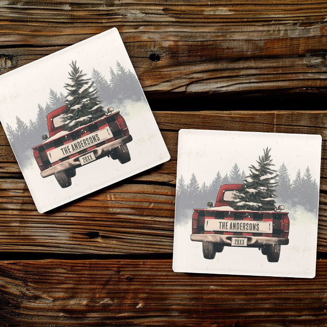 Retro Red Plaid Christmas Truck Custom Family Name Glass Coaster (Creator Uploaded)