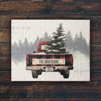 Retro Red Plaid Christmas Truck Custom Family Name